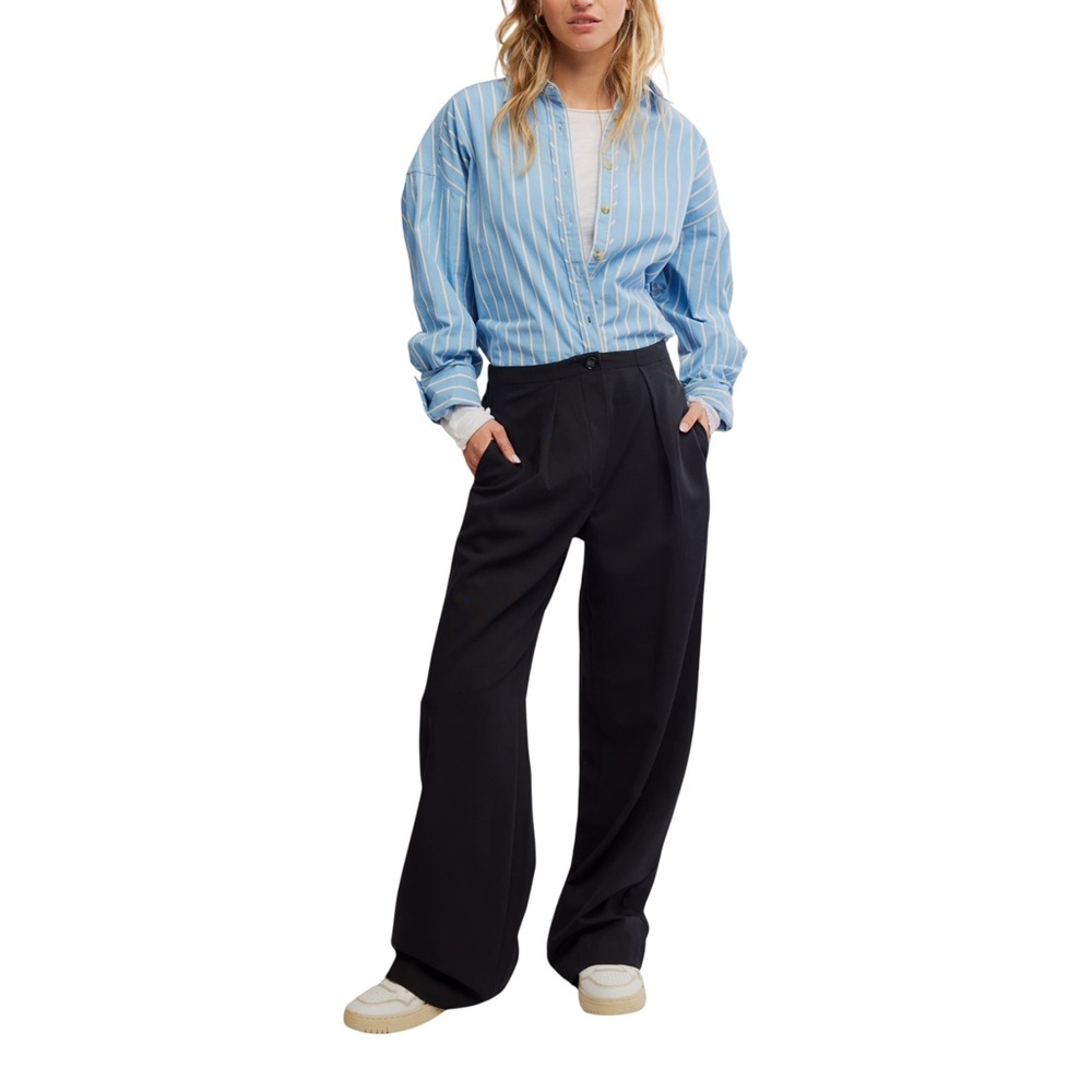 Free People Black Wide Leg Trouser Button Fly Pleated Pants Size Large